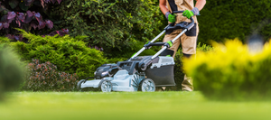 Landscaper using a push lawn mower on a lush green lawn, surrounded by vibrant foliage.